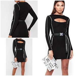 NWT Maniere De Voir Dresses MDV Belted Black w/ White Pipping Bodycon Mini Dress